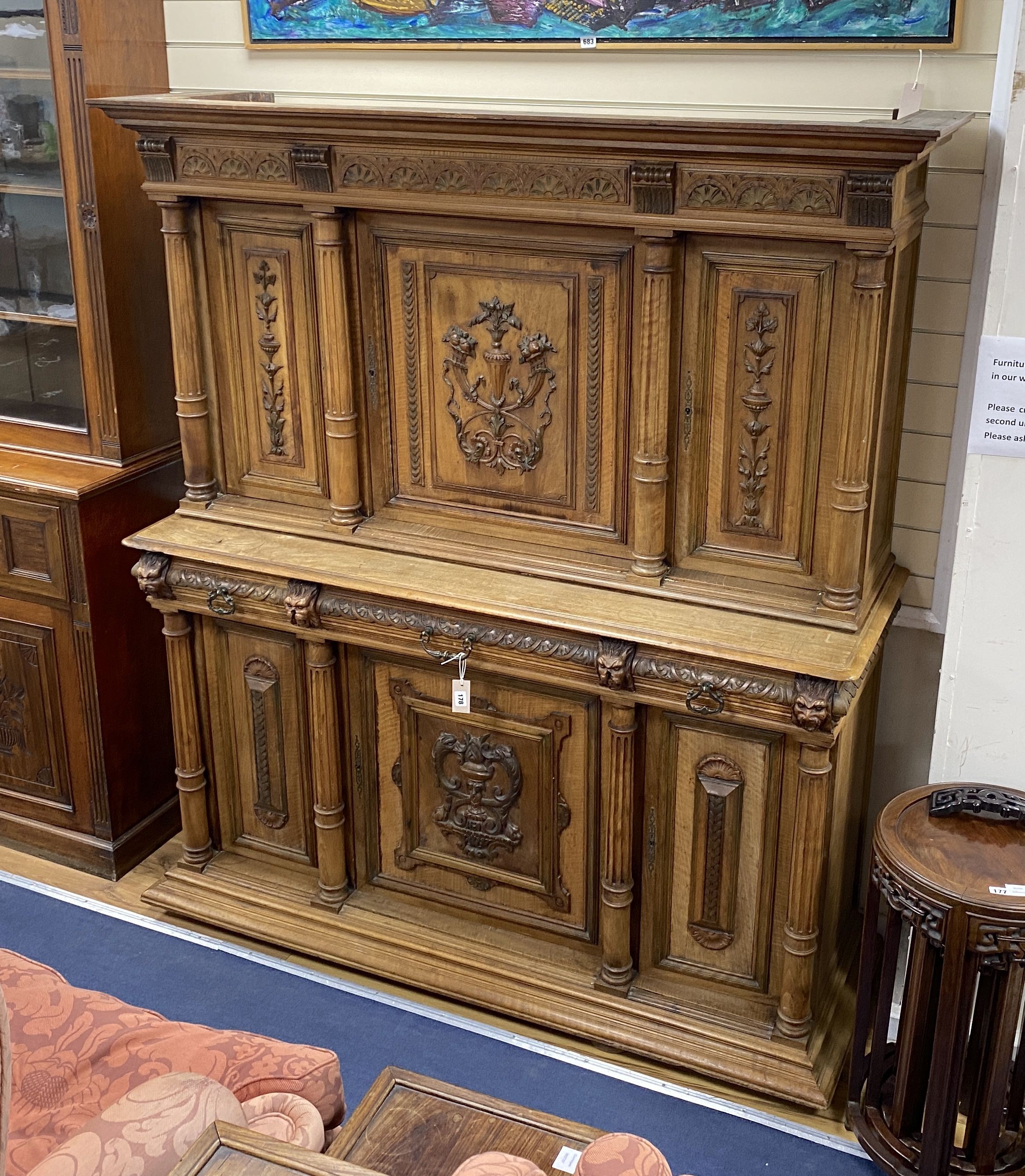 An early 20th century French carved walnut buffet, length 158cm, depth 54cm, height 185cm